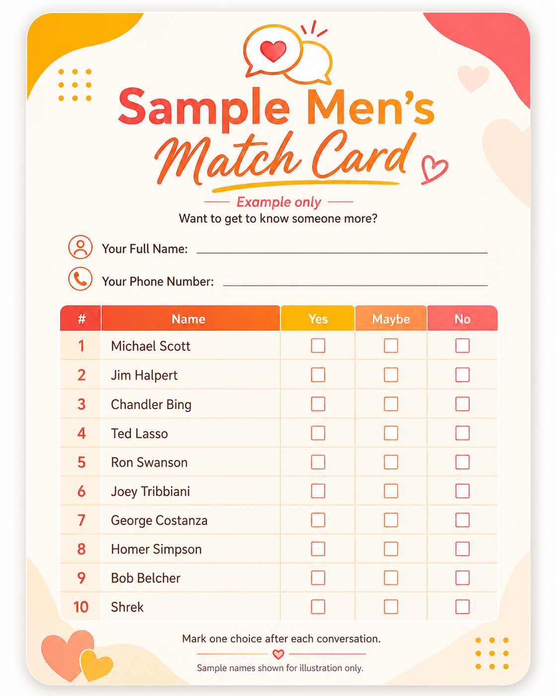Sample men's match card showing names with Yes, Maybe, No checkboxes